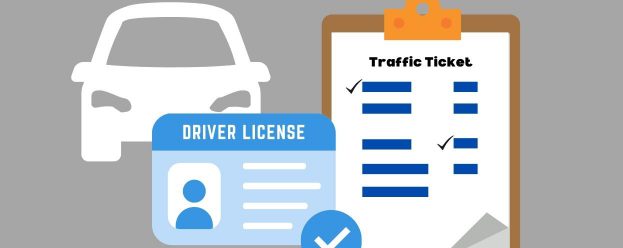 featured image for drivers record blog post showing a vehicle, driver's license, and a traffic ticket