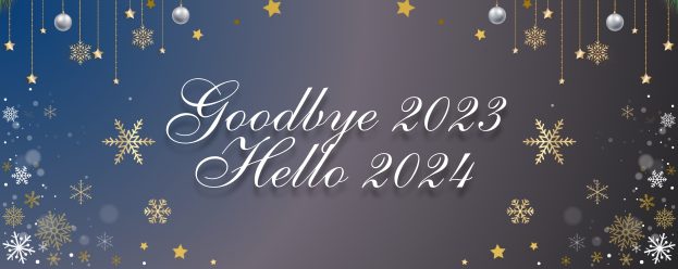 Goodbye 2023, hello 2024 with ornaments, stars and snowflakes